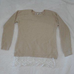 Pink Republic Juniors Beige Tan Knitted Sweater Lace Trim